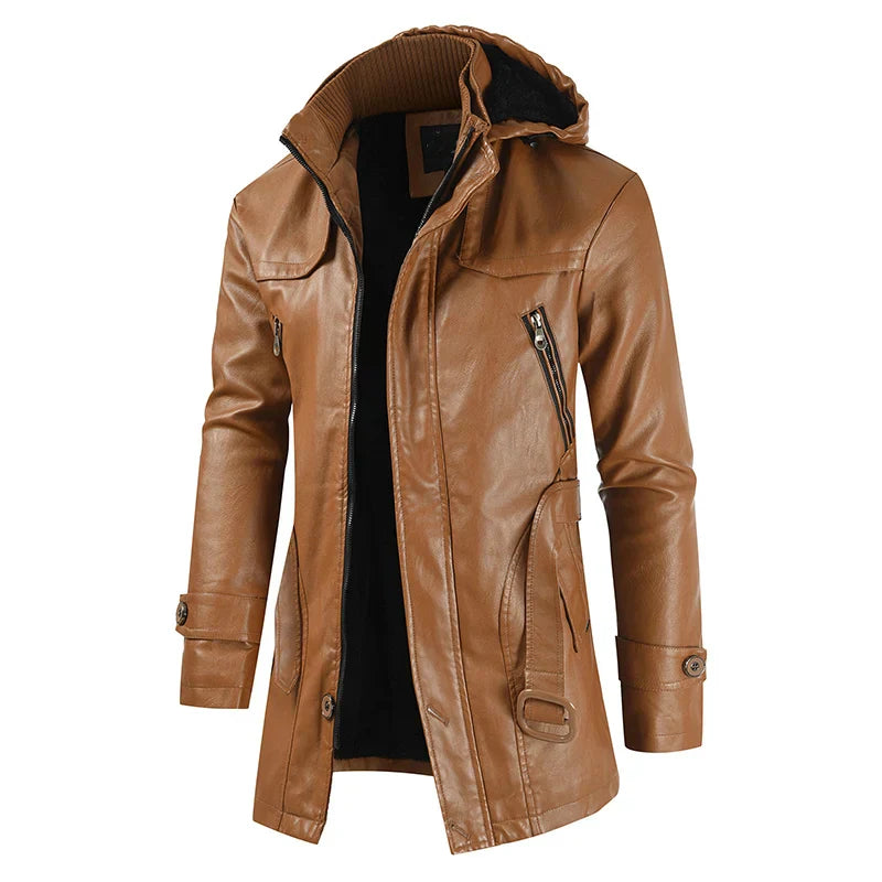 Jaqueta Longa de Couro com Capuz Masculina Sampaio®