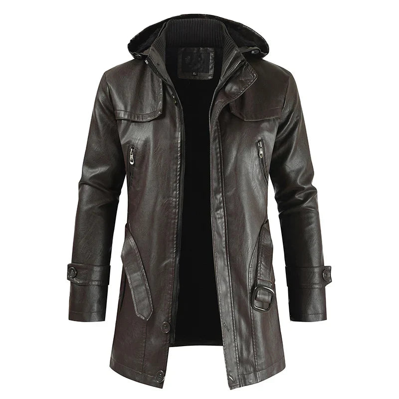 Jaqueta Longa de Couro com Capuz Masculina Sampaio®