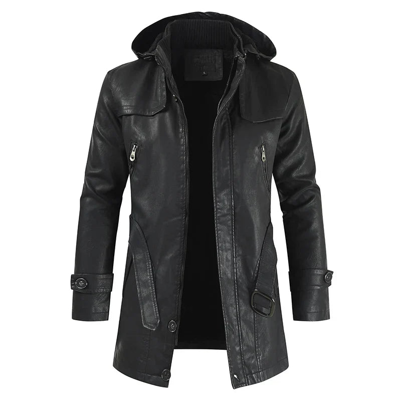 Jaqueta Longa de Couro com Capuz Masculina Sampaio®